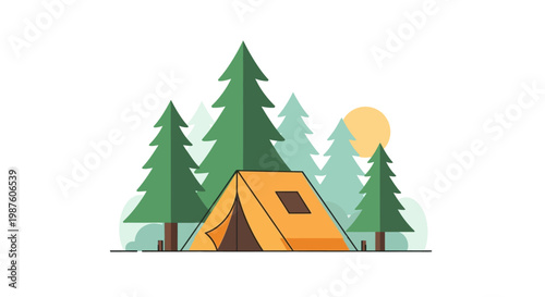 Camping in a forest with trees.