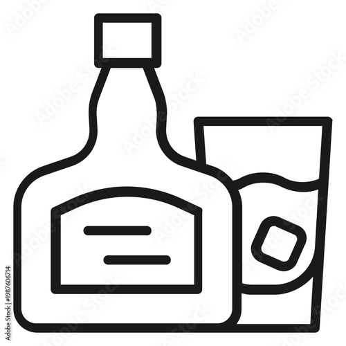 Black line art vector icon illustration of a liquor bottle and a glass with an ice cube, representing whiskey, rum, or spirits, ideal for bar menus, beverage branding, and cocktail graphics.