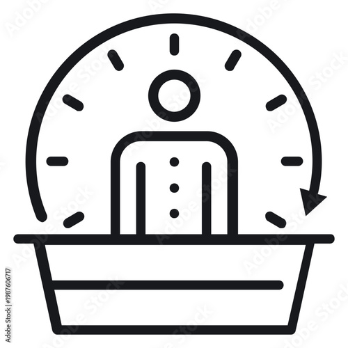 24/7 customer service and support vector icon illustration featuring a person behind a desk with a clock arrow symbol, representing around-the-clock availability, assistance, and receptionist.
