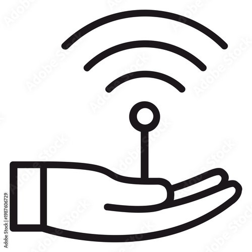 Minimalist black vector icon illustration of a hand holding a wireless signal transmitter antenna, symbolizing connectivity, communication, and mobile technology on a white background.
