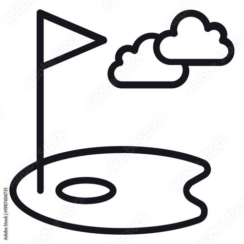 Tableau sur toile Minimalist black line art vector icon of a golf hole with a flagstick and clouds, representing a golf course green, sports, and outdoor leisure activities, isolated on a white background