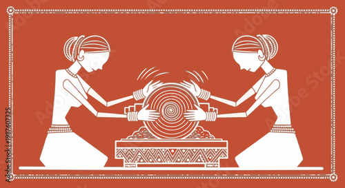 Traditional Warli art vector of Indian women grinding grain, ethnic tribal folk illustration, terracotta and white village life scene