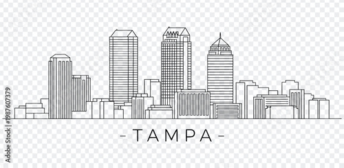 Black and white line drawing of tampa city skyline with tall buildings