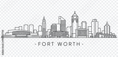 Black and white line drawing of fort worth city skyline