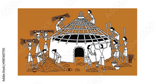 Warli folk art illustration of tribal people building a traditional hut, Indian ethnic wall painting style, community teamwork in rural village life