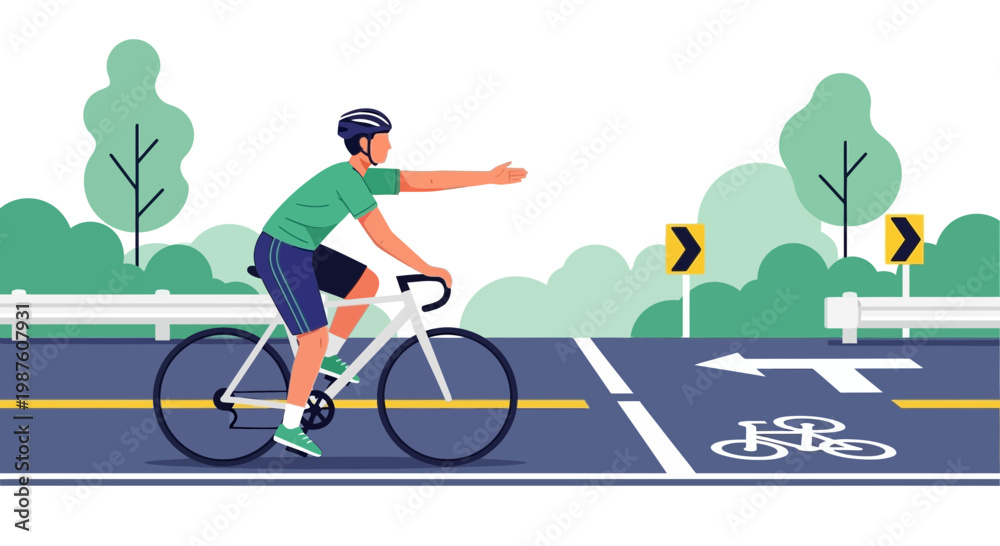 Fototapeta premium Cyclist signaling turn on bike lane with road signs and trees in background