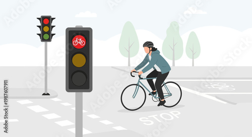 Cyclist stops at red traffic light with bicycle symbol, urban street scene