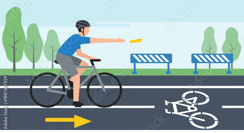 Cyclist signaling turn while riding on a bike lane with road barriers and trees