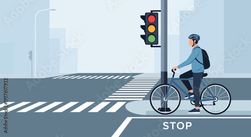 Cyclist waits at red traffic light at crosswalk, urban street scene