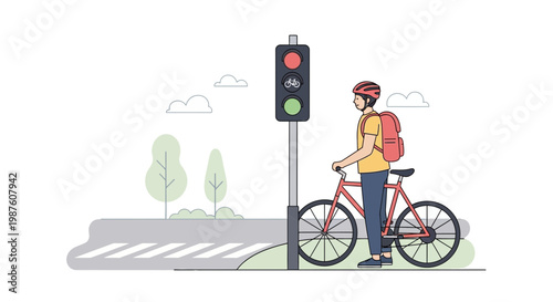 Cyclist waits at traffic light with bicycle symbol, urban street scene