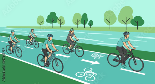 Cyclists Riding on Dedicated Bike Lane with Greenery and Waterway Background