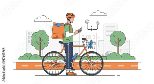 Delivery man on bicycle with smartphone, food delivery service, urban background