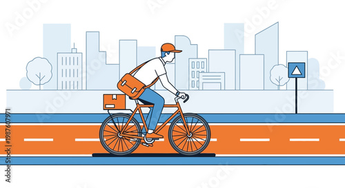 Delivery cyclist riding on city street with package and messenger bag, urban transport concept