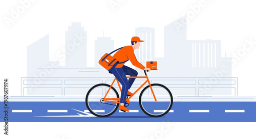 Delivery cyclist in orange uniform with package and messenger bag on city street