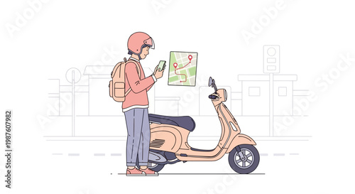 Delivery person with scooter and smartphone checking navigation map for route