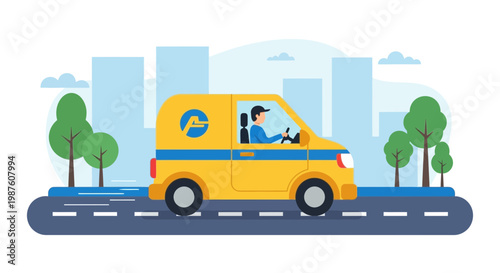 Delivery van driving through city street with trees and buildings, transportation concept