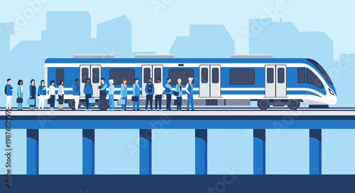 Diverse commuters wait for modern blue and white train on elevated platform in city