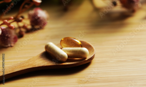 Pills vitamin. Diet. Pills. Background. Wellness. Spa. Wooden table. Oil. Herbal. 