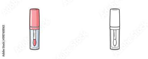 Lip gloss in flat cartoon and black line style pink and clear colors represents liquid cosmetic product for lip shine and moisturizing isolated on white background