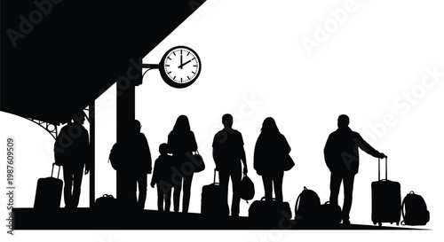 People wait at a train station with a clock striking silhouette