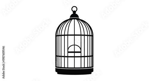 A vintage birdcage illustration with a minimalist style silhouette
