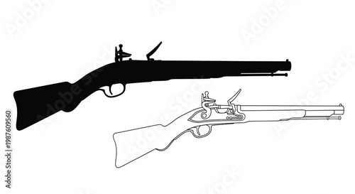 Antique flintlock rifle diagrams a full view and cross section silhouette