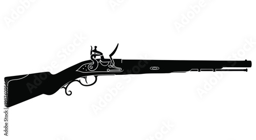 Detailed depiction of a flintlock rifle in stark black silhouette