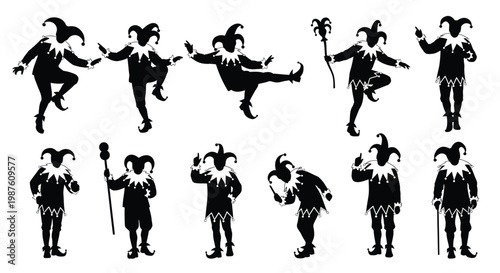 Collection of black silhouettes depicting various jester poses silhouette