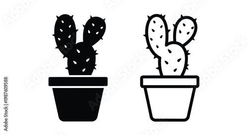 Two potted cacti differing shapes presented as a black silhouette