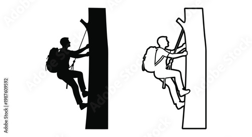 Two climbers scaling a wall depicted in stark black silhouette