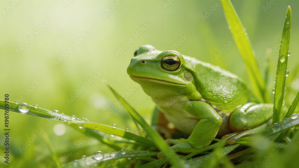 Fototapeta premium Green frog on dewy grass
