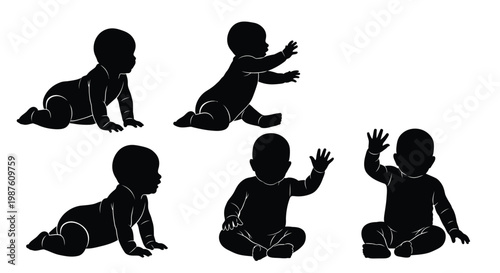 Several black silhouettes of babies in different poses illustration silhouette