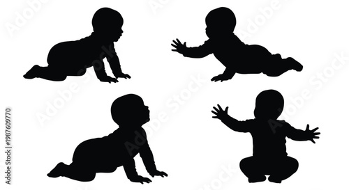 Four babies in various crawling positions a dark silhouette