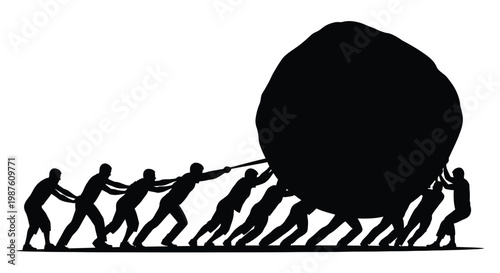 Teamwork concept depicting people pulling a large boulder silhouette