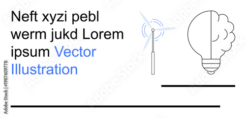 Renewable energy, innovation, sustainability, green technology, resource efficiency, environmental awareness. Wind turbine alongside light bulb with cloud. Renewable energy and innovation concept