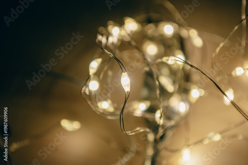 Konstfotografi Twinkling lights dangle in soft golden glow