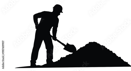 Worker digging with a shovel depicted as a dark silhouette