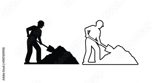 Two workers digging with shovels a striking black form silhouette