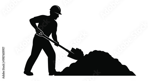 Worker digging with a shovel a striking black shape silhouette