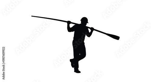 Man carrying a long oar on his shoulder dark silhouette