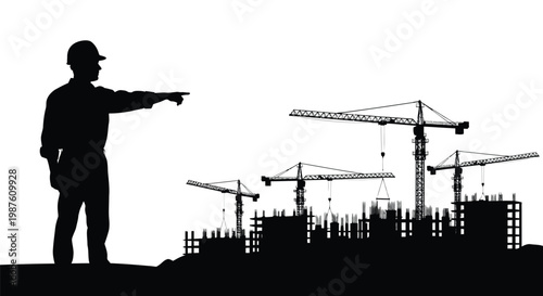 Construction worker directs operations amidst a building site silhouette