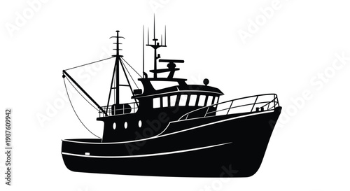Detailed black silhouette of a fishing boat on a white background silhouette