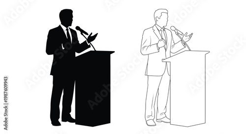 Man giving a speech at a podium contrasted forms silhouette