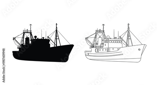 Detailed fishing boat illustration with a contrasting black silhouette