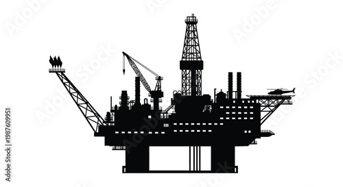 Offshore oil rig with a helicopter depicted in black silhouette