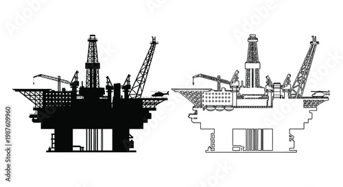 Detailed oil rig structures shown in black and white a striking silhouette