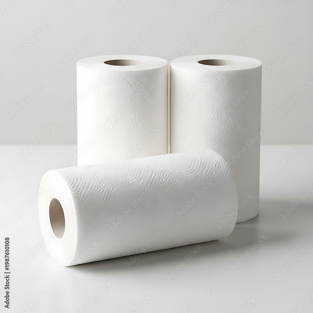 Fototapeta premium Toilet paper rolls, bathroom essentials, white paper products, hygiene supplies