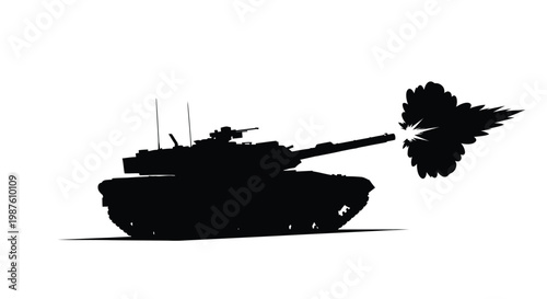 A black silhouette of a tank firing its cannon powerful military force silhouette
