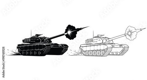 Two tanks firing depicted in a stark black and white silhouette
