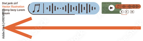 Audio streaming, podcasting, digital media, sound editing, technology, user interface. A music note, audio waveform play button and navigation arrow. Audio streaming and podcasting concept